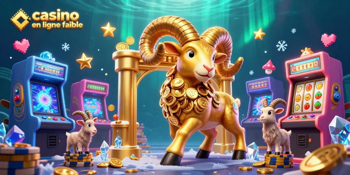 Illustration d'un casino en ligne fiable avec un bélier doré et des machines à sous colorées.