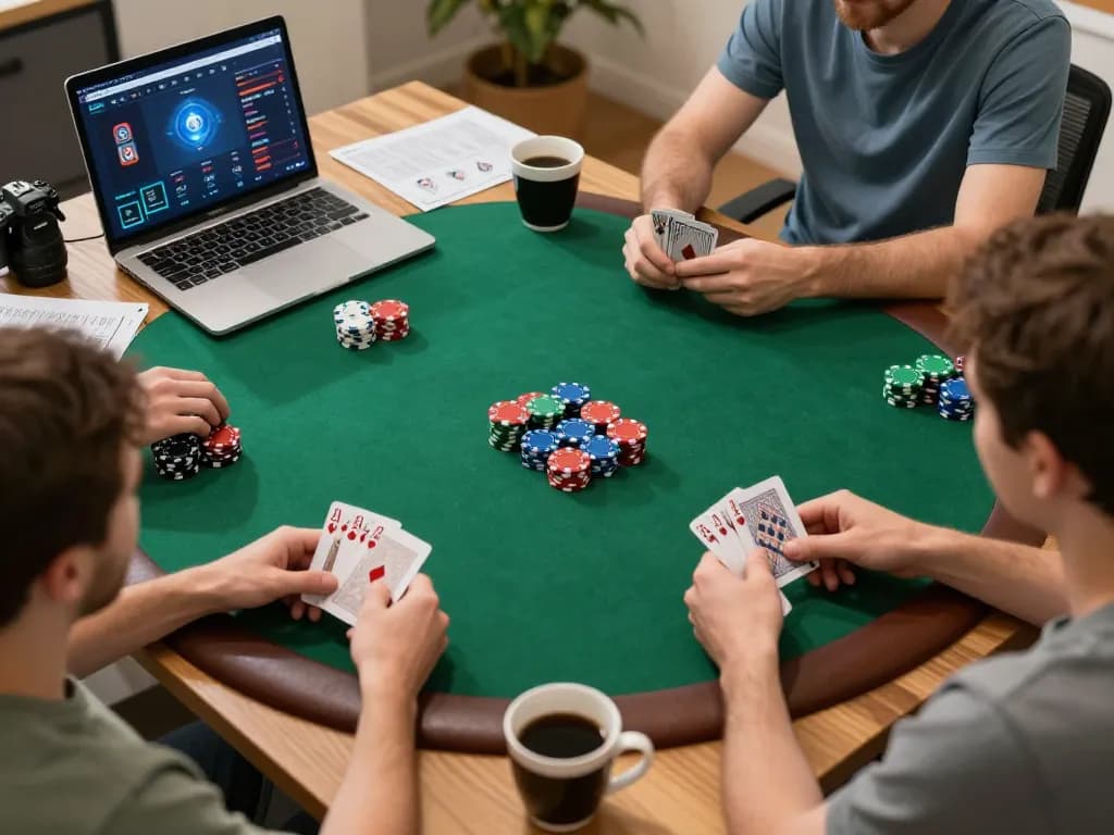 Engaged players enjoying CM88 TRANG CHỦ live poker session at home with strategic notes.