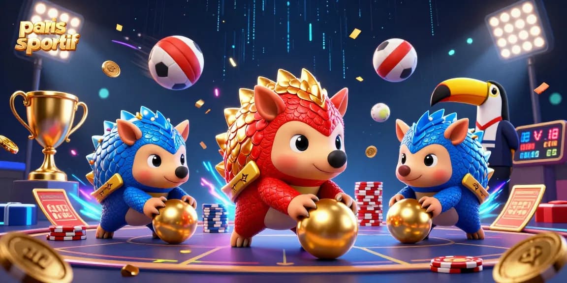 Pariez sur paris sportif avec cette illustration dynamique de pangolins et éléments de jeux.