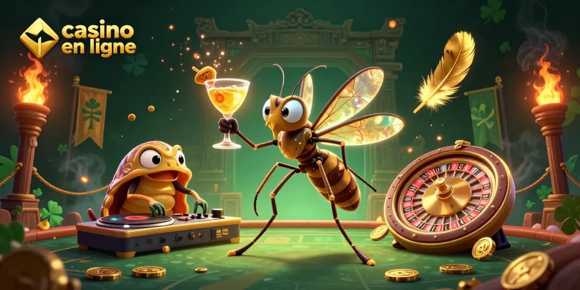 Jouez au casino en ligne avec notre mascotte amusante dans une illustration dynamique et colorée.