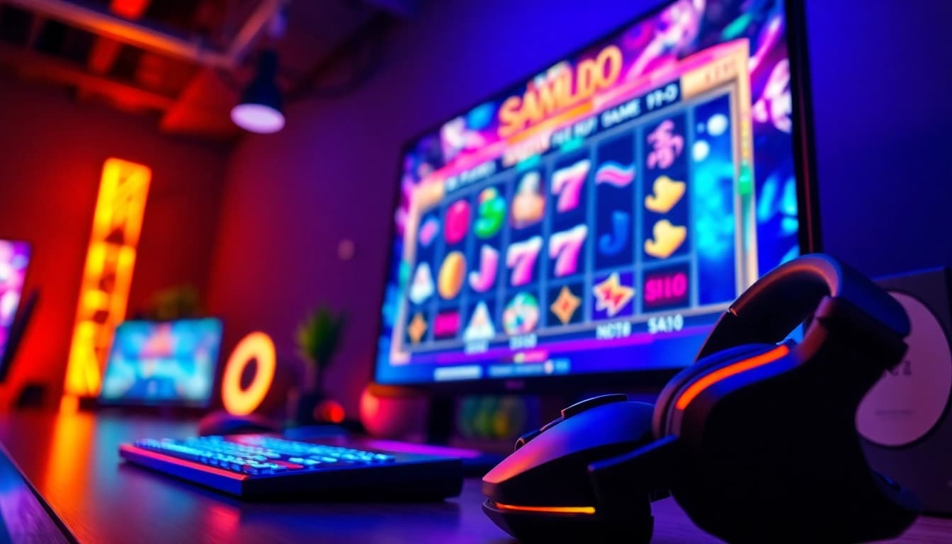 Menggambarkan pengalaman bermain slot online di gudangcuan dengan peralatan gaming yang modern.