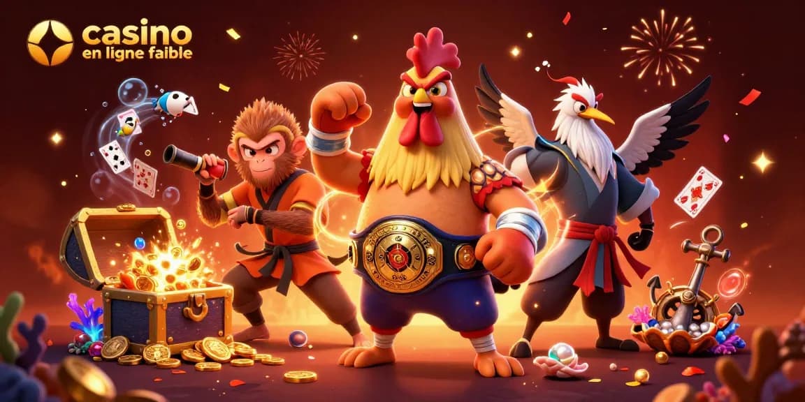 Découvrez les personnages de casino en ligne fiable, comme un coq thaï et un singe Shaolin, dans une illustration dynamique.