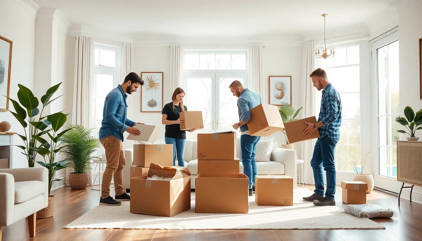 House removal companies efficiently packing a stylish living room, showcasing professionalism and care.