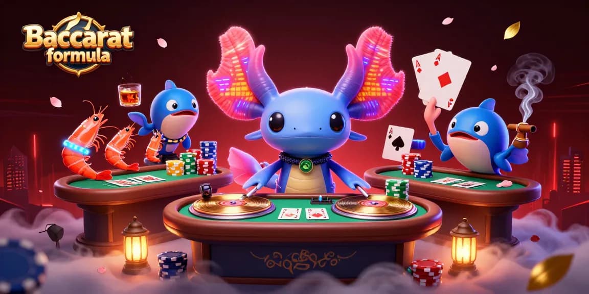Engage with the Baccarat formula through a vibrant 3D casino scene featuring animated characters and dynamic game elements.