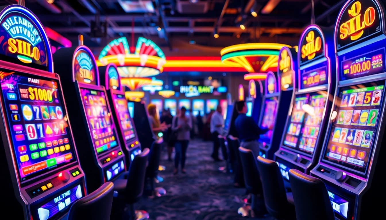 Slot77 mesin permainan di lingkungan kasino yang bersemangat dengan cahaya neon yang cerah.