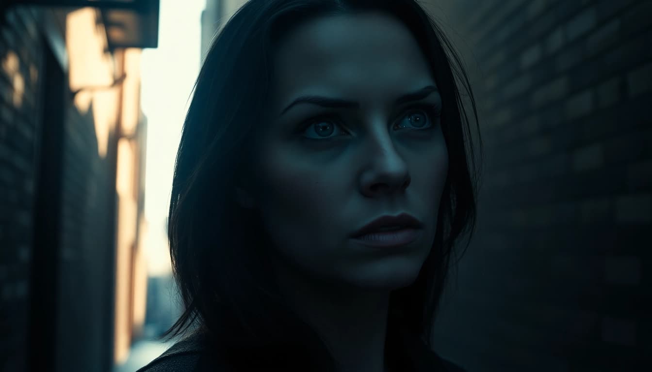 A captivating clean thriller scene featuring a mysterious woman in a dimly lit urban alley.