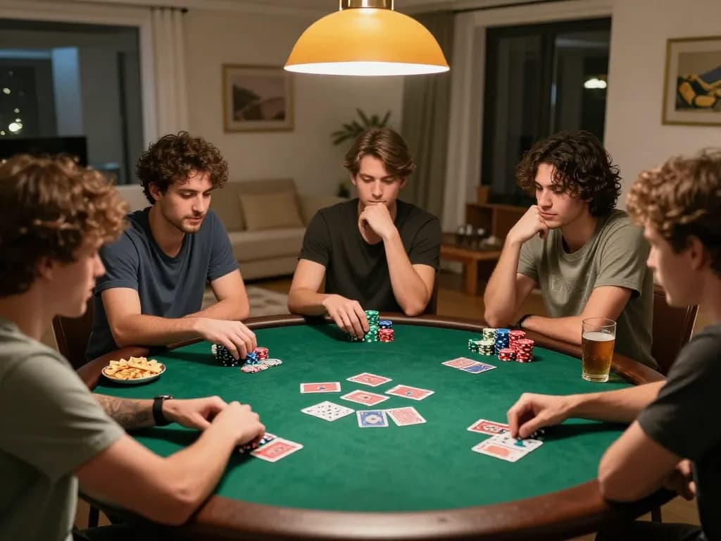 Friends enjoy a poker night at home, emphasizing strategies and camaraderie at 123b-bm.