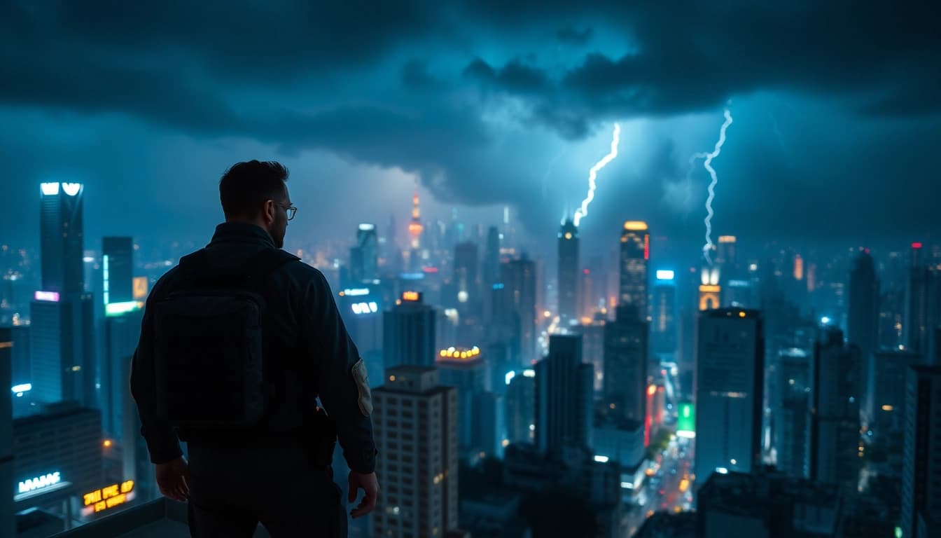 Action thriller hero poised for a daring adventure against a twilight cityscape.