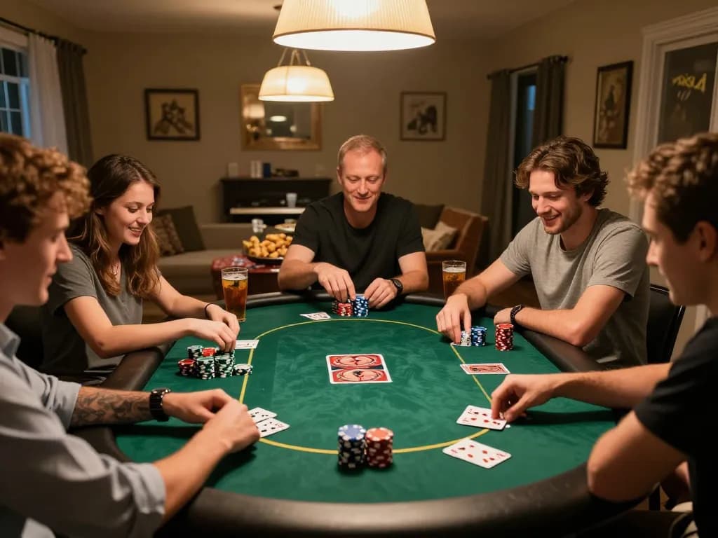 Engaging poker night setting showcasing friends enjoying bonus new member 100 gameplay with vibrant chips.