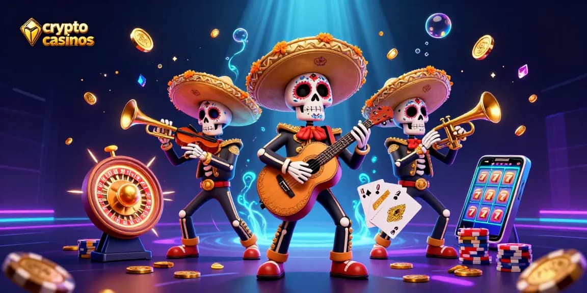 Scène dynamique de crypto casinos avec un groupe de squelettes mariachi, pièces d'or et roulettes.
