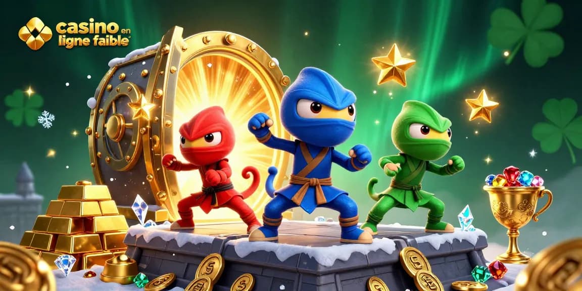 Une illustration dynamique de caméléons ninjas, représentant un casino en ligne fiable avec des trésors dorés éblouissants.