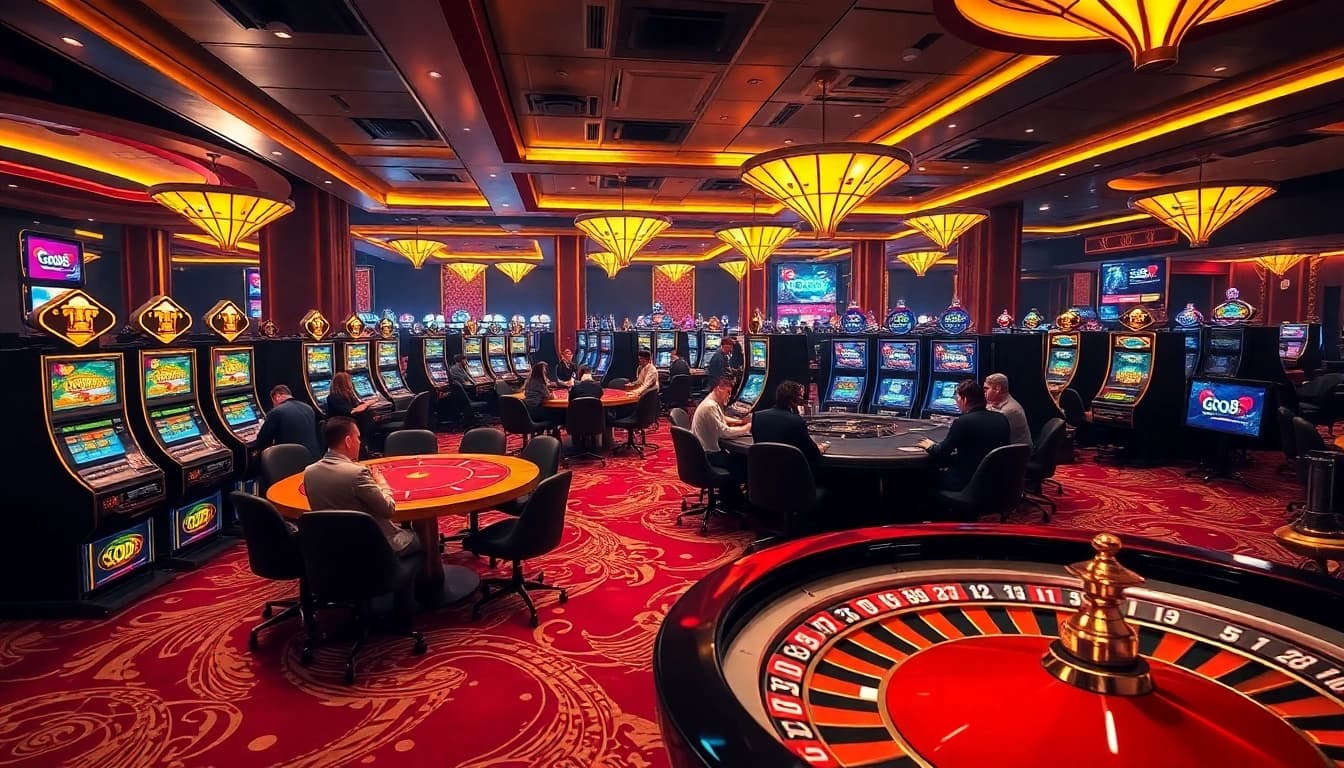 Players strategize at a GO8 poker table in a vibrant casino atmosphere, surrounded by slot machines.