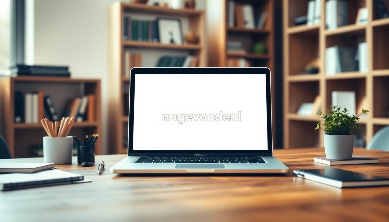 Bekijk de digitale werkruimte voor https://nugevonden.nl met een laptop en moderne kantooraccessoires.