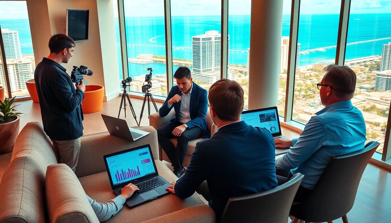 Engaged team at https://kbindependent.org/ discussing community news in a bright office.