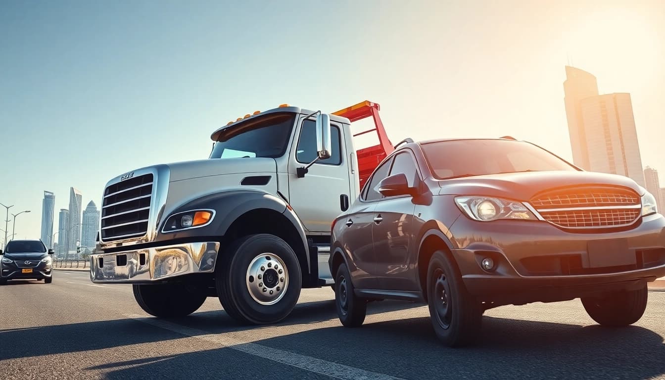Efficient car recovery service at https://trtrecoveryuae.com aiding a stranded vehicle in Dubai's vibrant landscape.