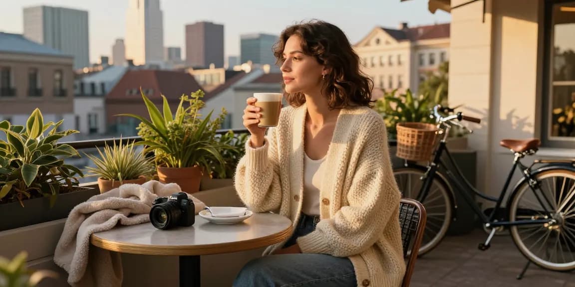 A woman in a cozy knitted cardigan enjoying a warm drink at a café, showcasing sustainable fashion.