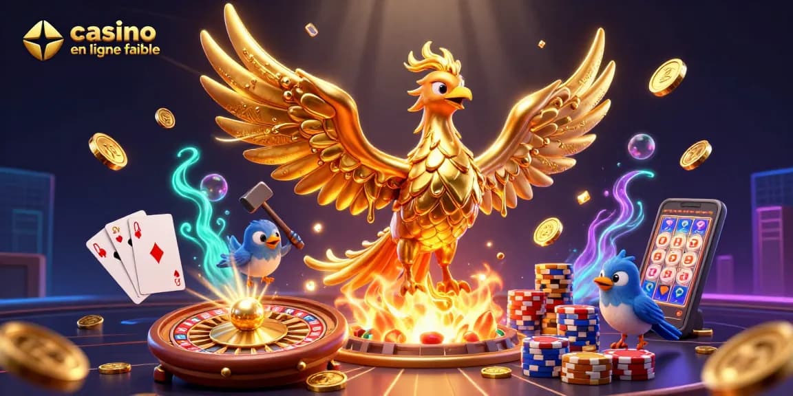 Jouez sur un casino en ligne fiable avec l'illustration d'un phoenix doré et des éléments de jeu captivants.