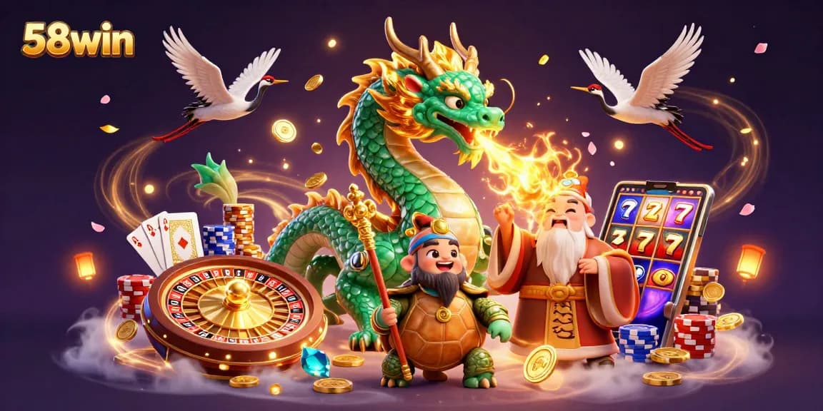 Bet on your luck with 58win's captivating 3D casino illustration filled with coins and symbols.