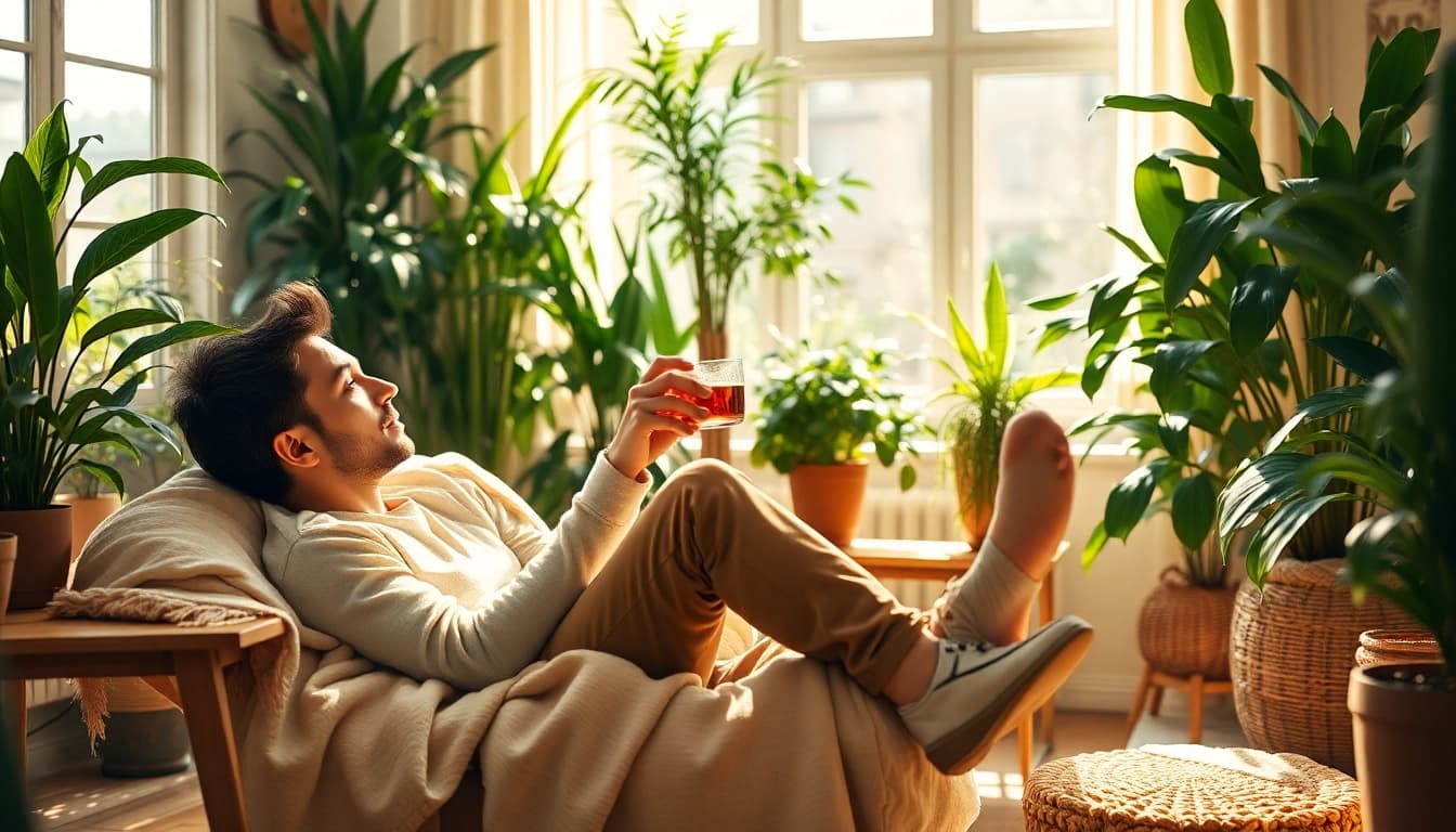 Capture the essence of Life in a Break Down with an individual in a serene, plant-filled setting.