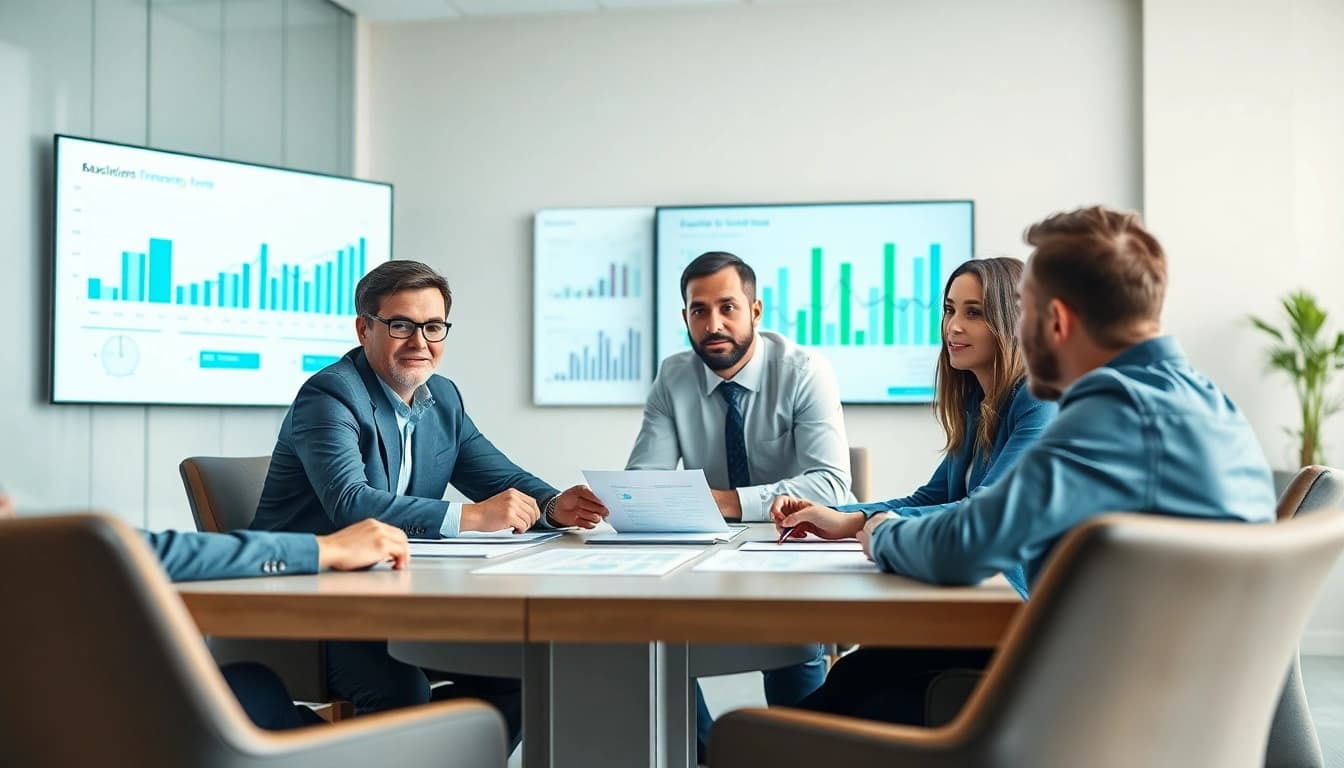 Capture business growth insights with a collaborative team discussing strategies in a modern office setting.