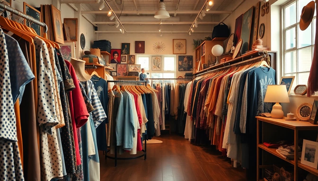 Browse unique vintage finds at https://thrift-vintage.com, showcasing a cozy thrift shop atmosphere.