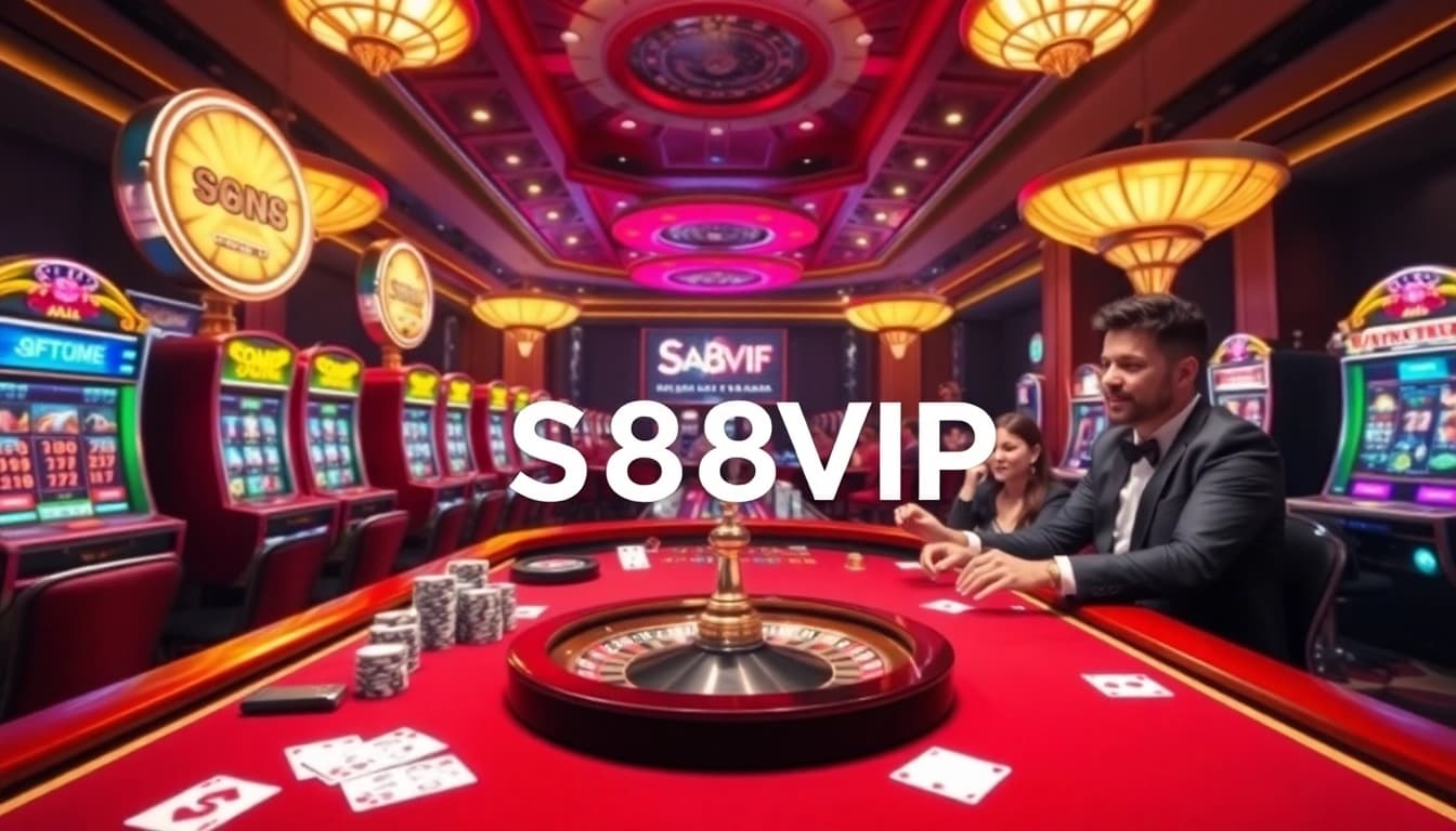 Experience the excitement at S88VIP with players engaging at a luxurious casino table surrounded by slot machines.
