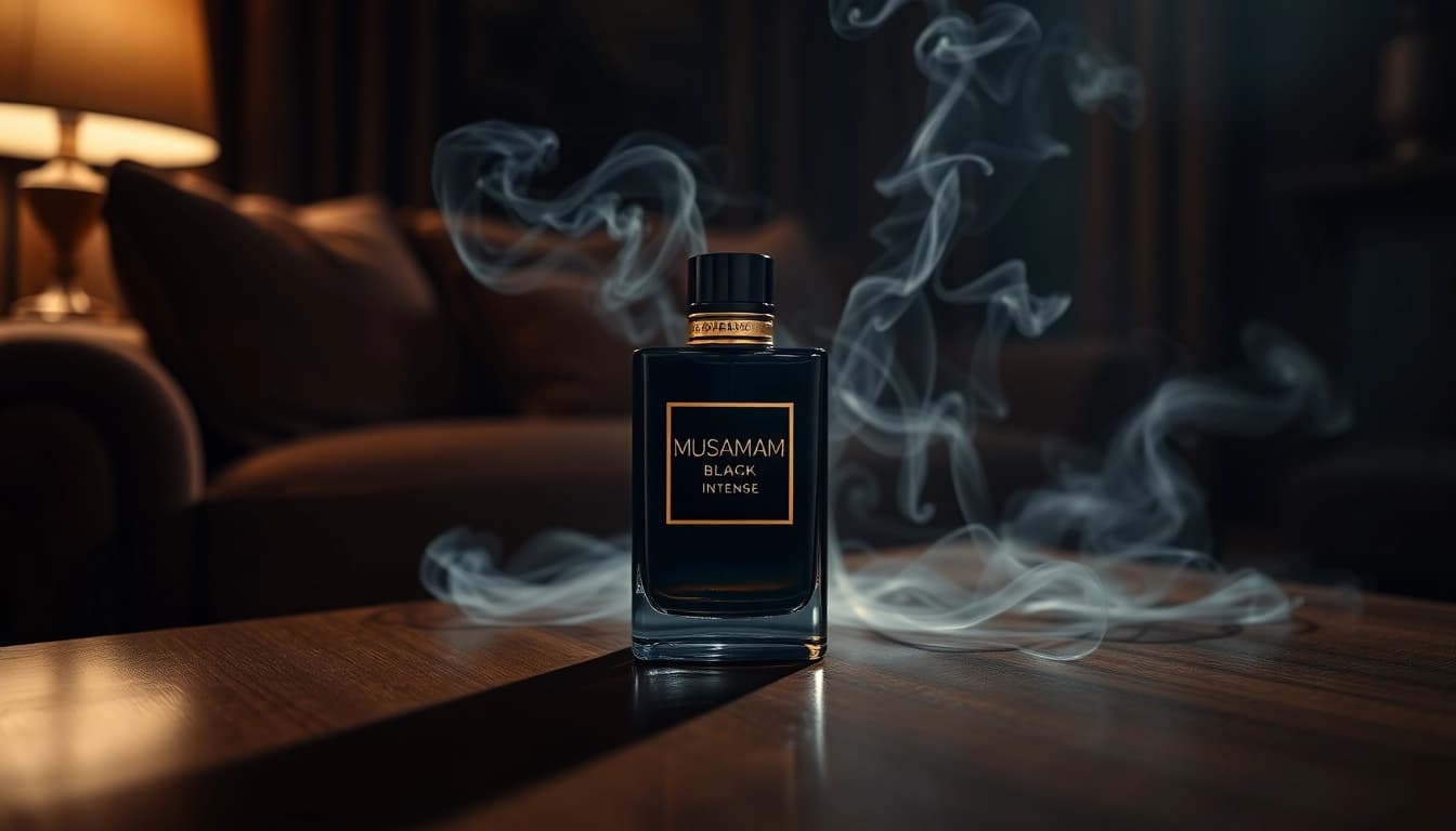 Ruimte met Musamam Black Intense by Lattafa parfumfles, die luxe en verfijning uitstraalt.