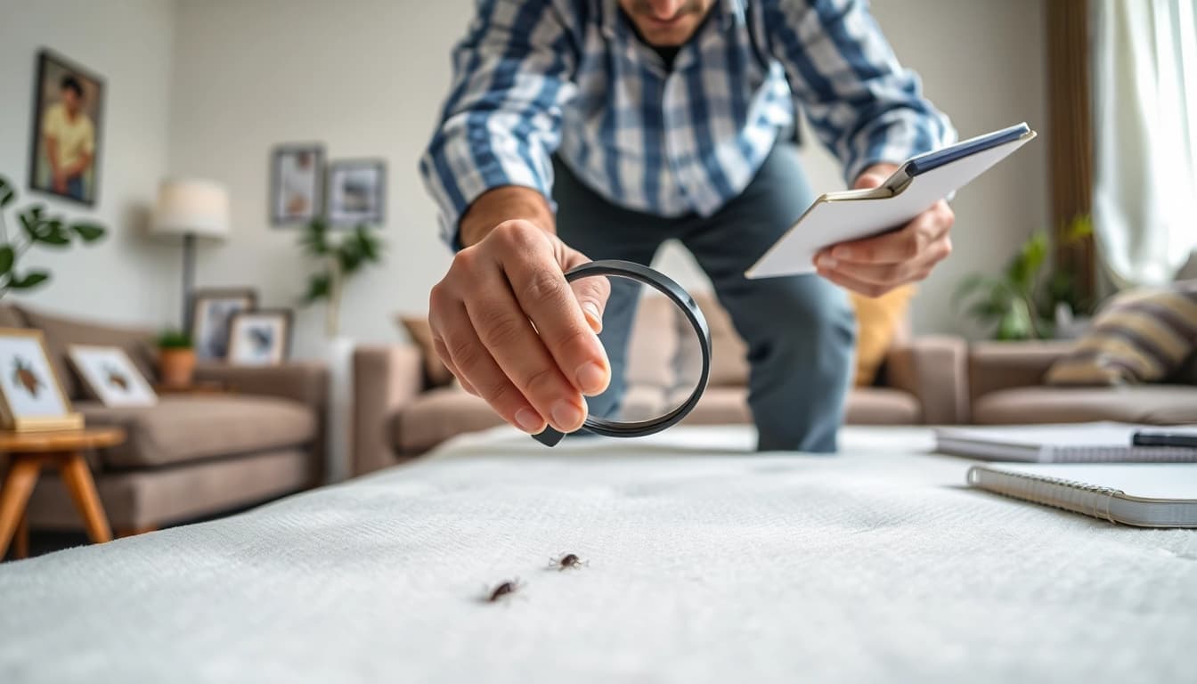 Inspecting for bed bugs by https://affordablebedbugexterminators.com in a living room with focused detail.