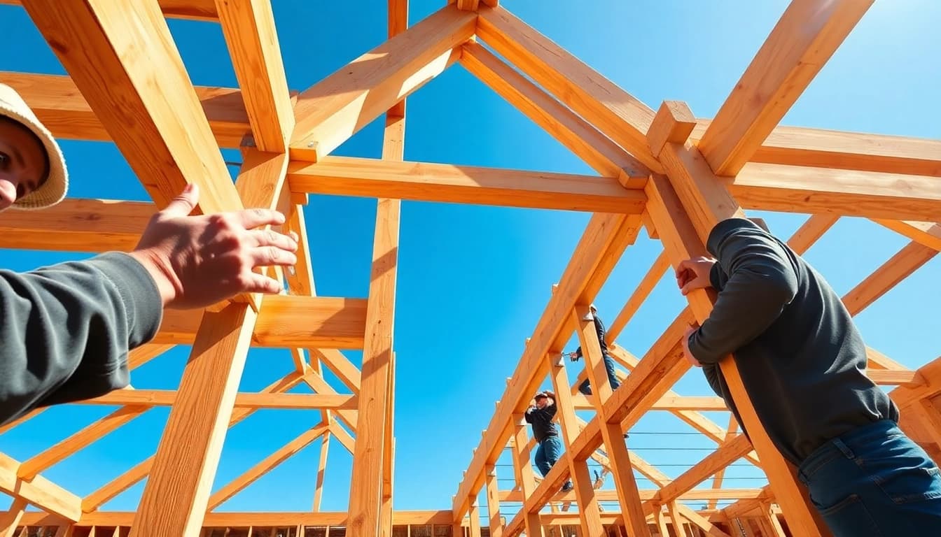 Crafting a structural timber frame showcasing skilled artisans at work.