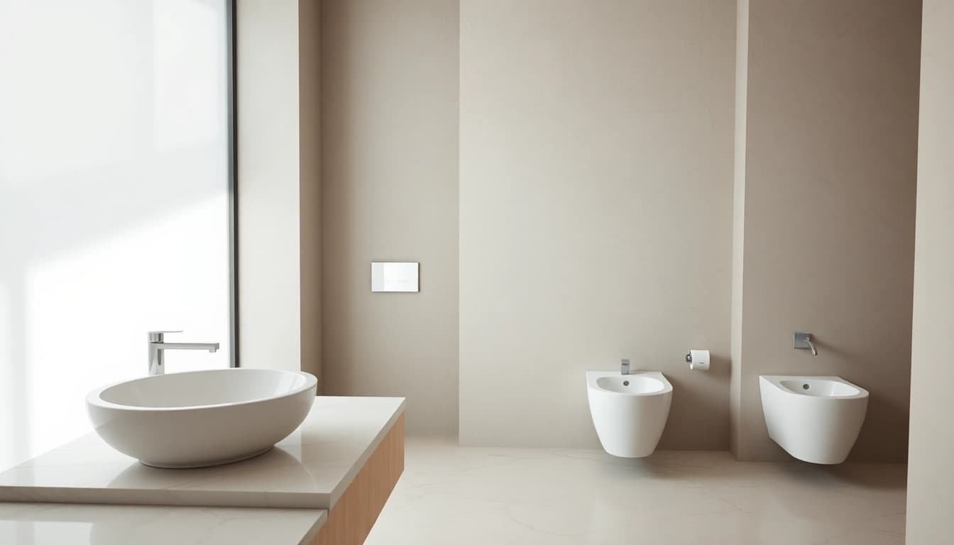 Scopri sanitari eleganti in un moderno ambiente bagno con design minimale.