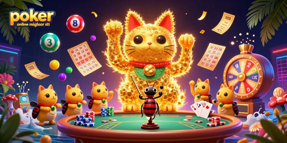 Poker online migliori siti, esplora tavoli e simboli del gioco in un'illustrazione dinamica ricca di dettagli.