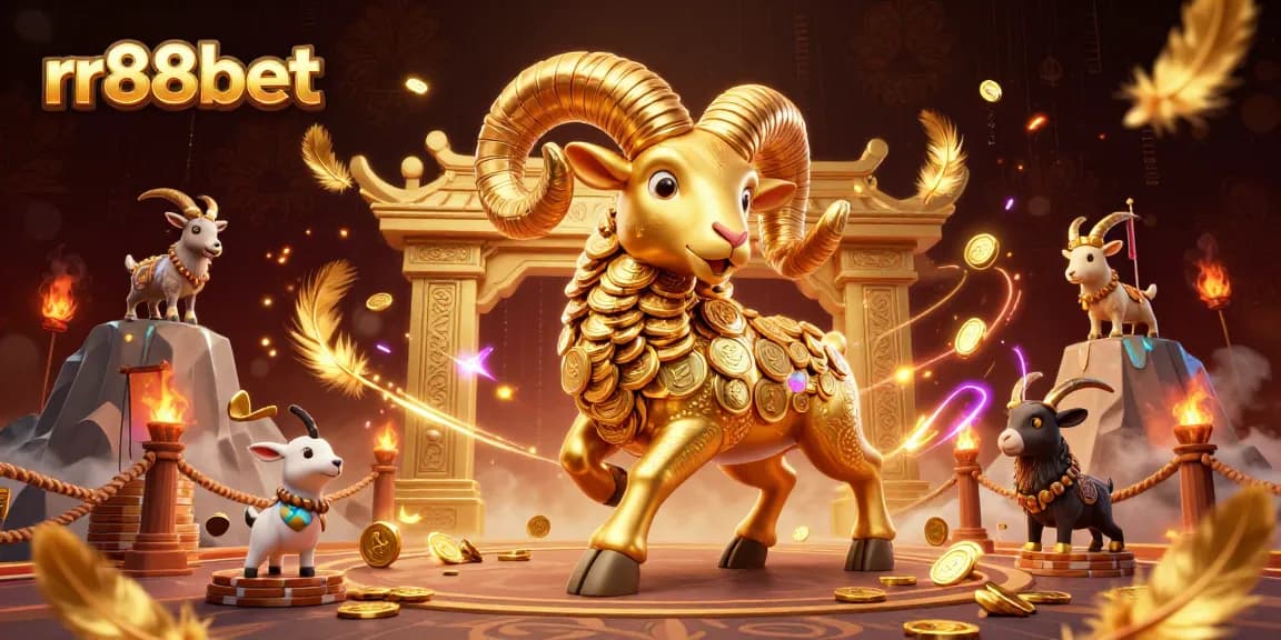 Experience rr88bet with an exhilarating golden ram charging through a vibrant casino arena.