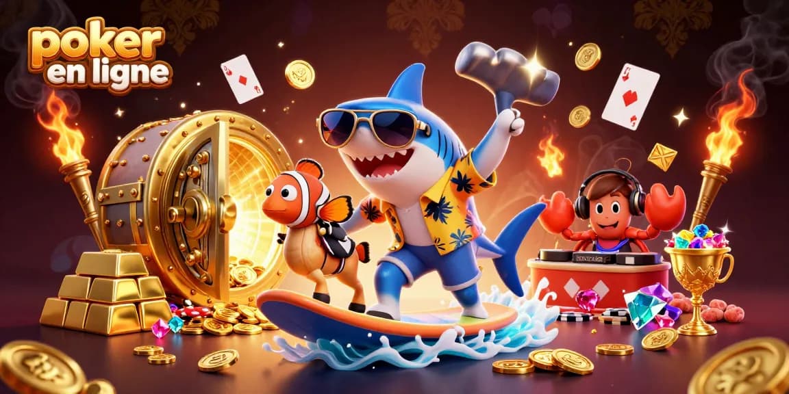 Plongez dans l'univers du poker en ligne avec une scène dynamique et colorée incluant des personnages joueurs et des éléments de jeu.