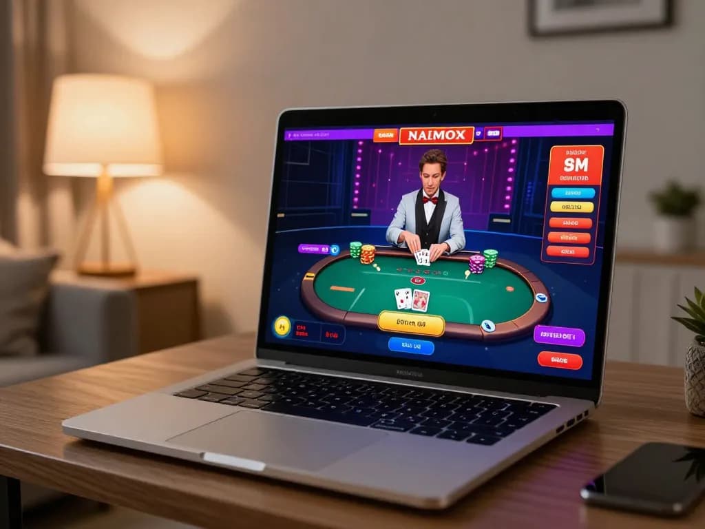 Engaging with CM88 TRANG CHỦ poker game on a stylish home laptop, dynamic betting actions