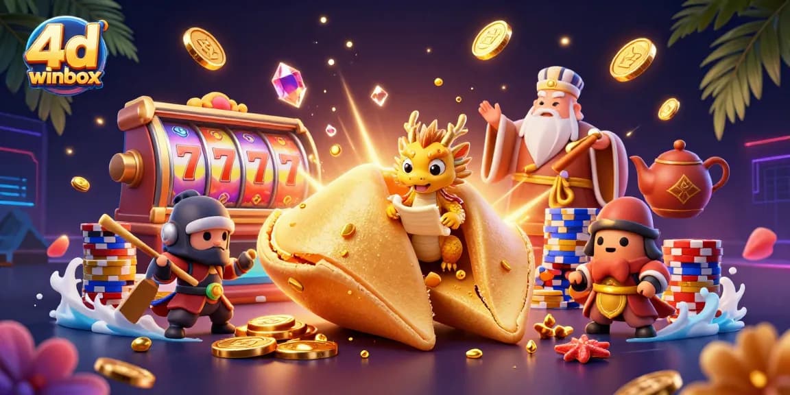 Engage with the 4d winbox experience featuring a golden fortune cookie, dynamic gaming symbols, and casino excitement.