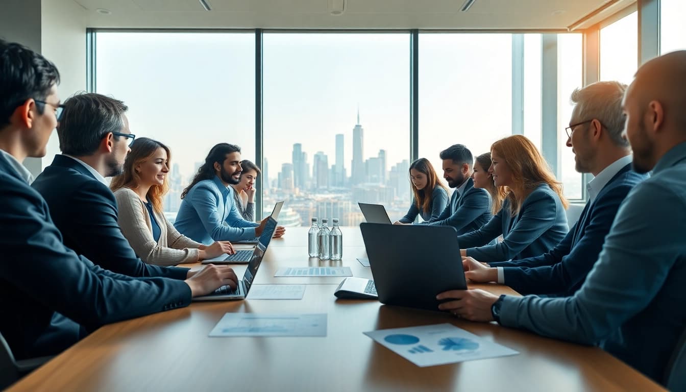 Engaged experts discussing SME AI consulting services in a modern meeting space.