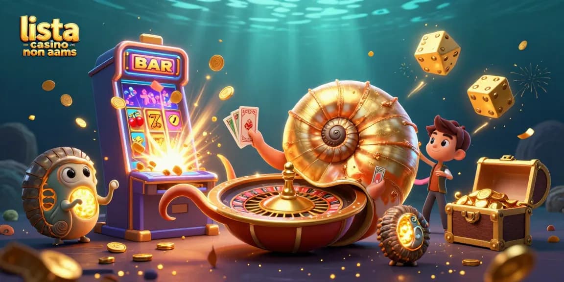 Scopri la lista casino non AAMS con un'antica lumaca gigante che tiene carte e simboli di gioco in un'illustrazione vibrante.