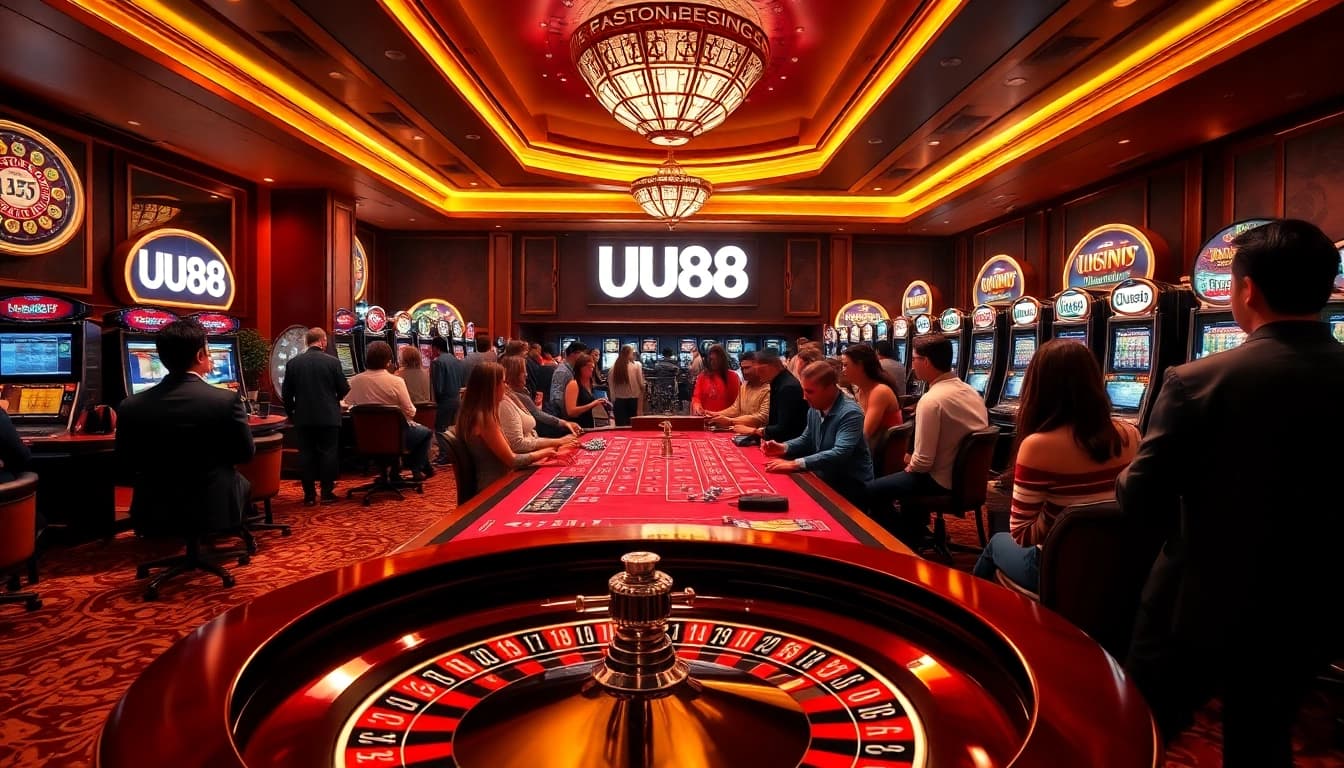 UU88 vibrant casino environment featuring players at slot machines and poker tables.