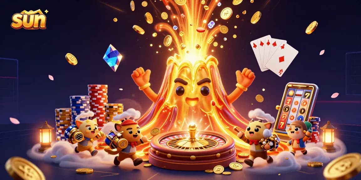 Spin the sun-themed slot machine with treasures erupting in a vibrant casino scene.