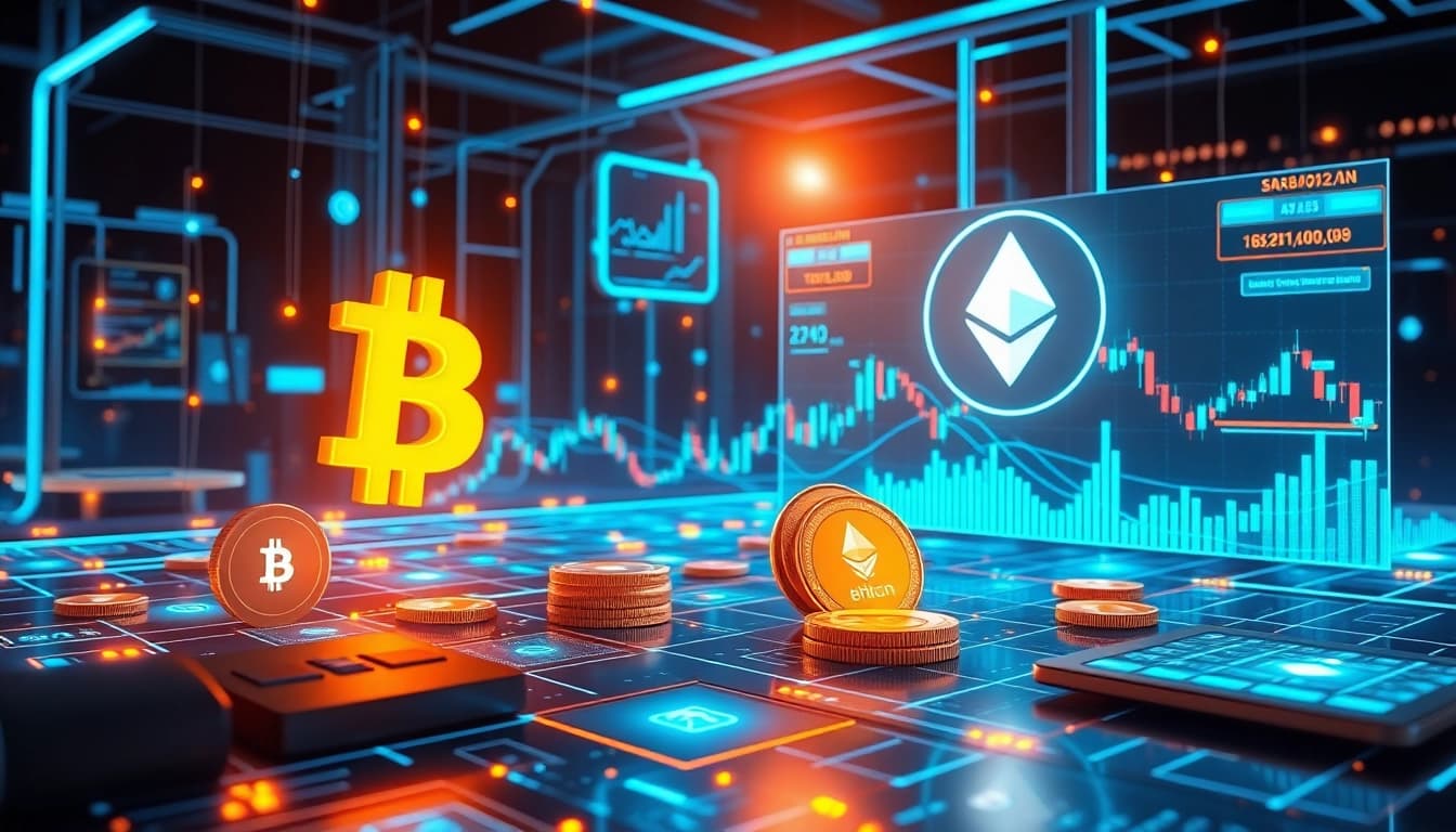 Wizualizacja handlu kryptowalutami z symbolami Bitcoin i Ethereum, siecią blockchain oraz interfejsami portfeli cyfrowych.