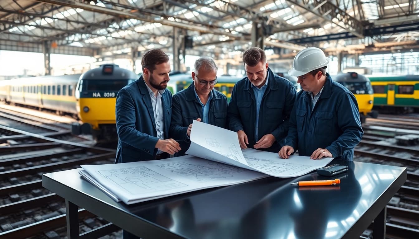 Engineers collaborating on railroad engineering designs in a busy railway yard.