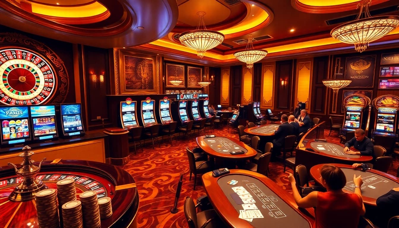 RAJABARONG casino scene with roulette wheel, slot machines, and excited players.
