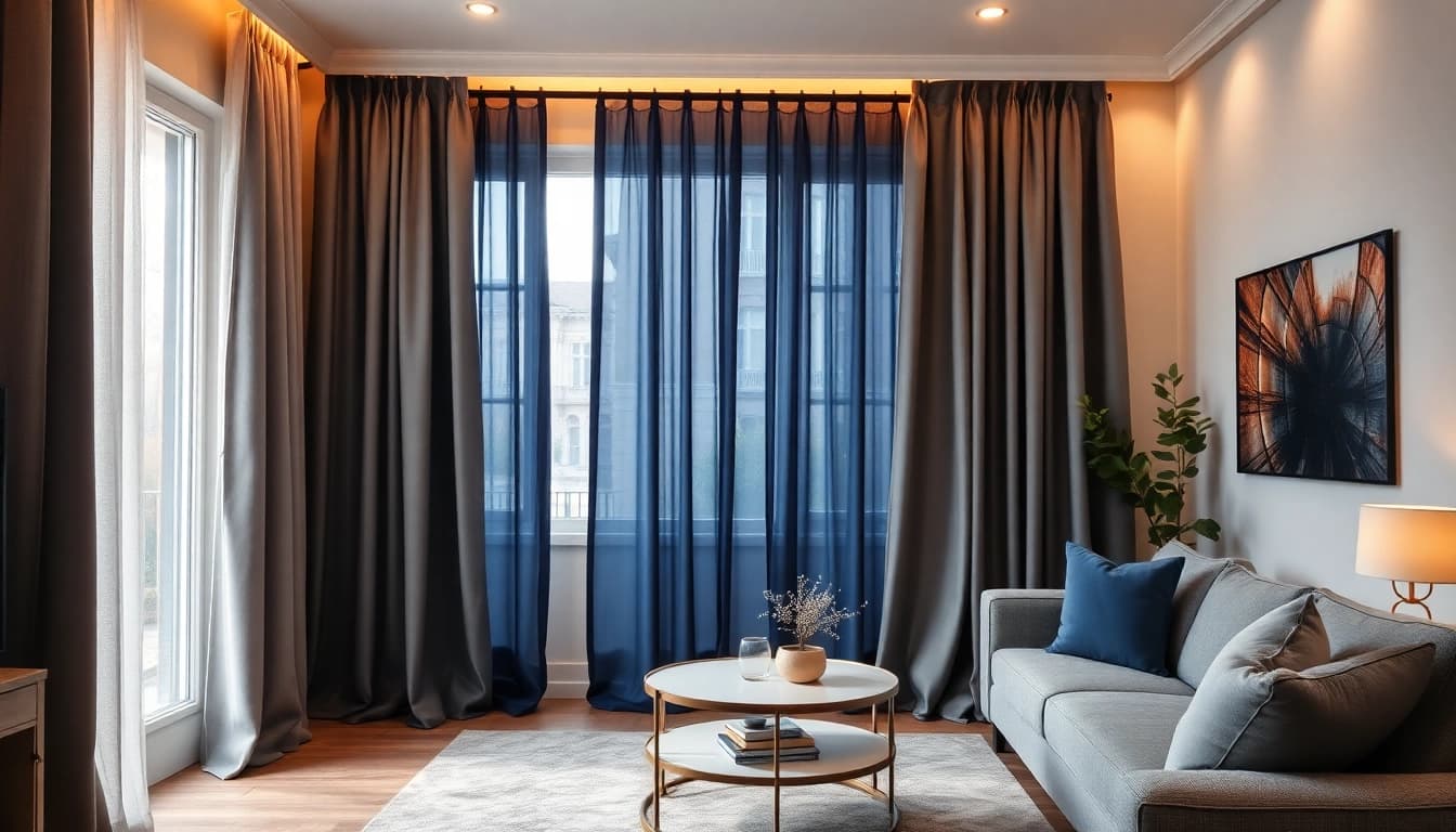 Verduisterende gordijnen in een stijlvolle woonkamer creëren perfecte lichtinval.