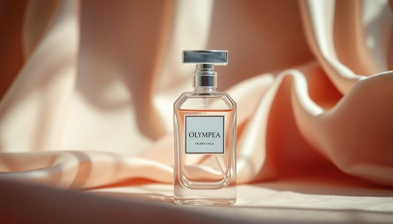 Admiring the Olympea perfume with its elegant bottle in a soft pastel setting.