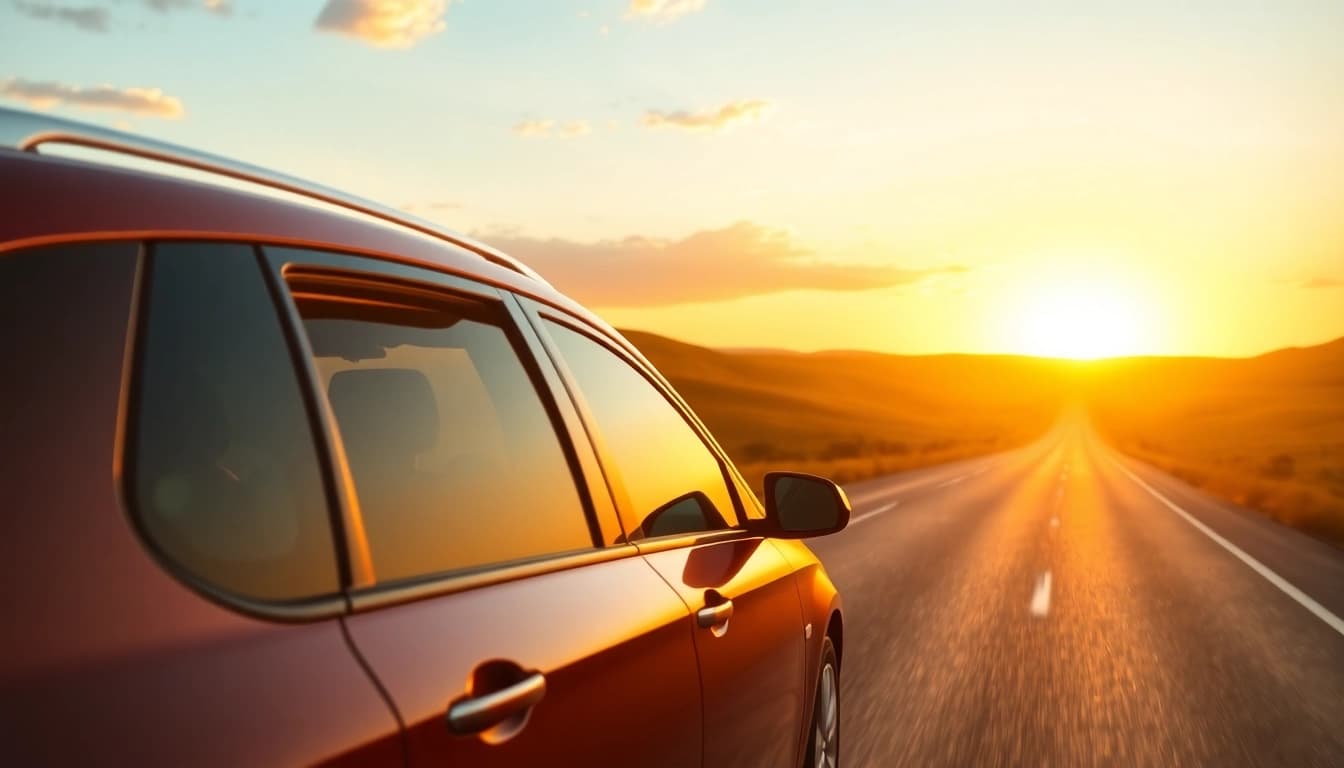 Experience convenient LONG DISTANCE TAXI TRANSFERS with a modern taxi against a scenic sunset.