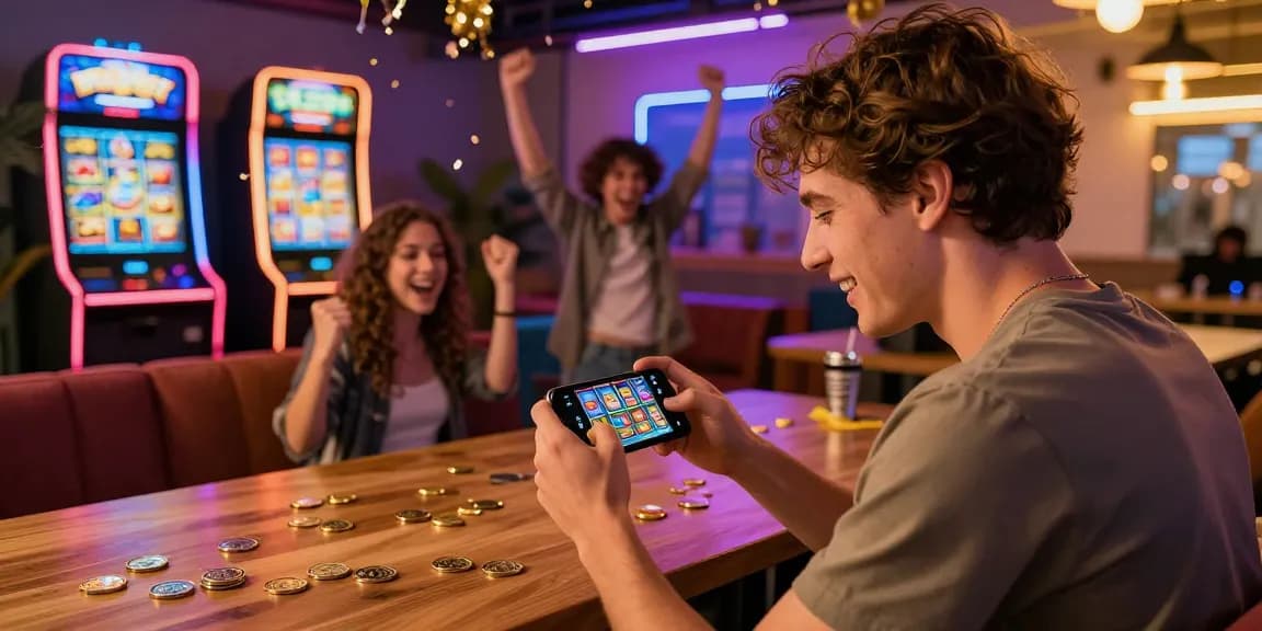 Engaged player enjoying apk slot games in a lively gaming environment with vibrant decorations and friends.