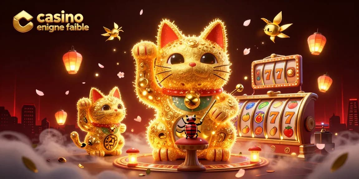 Découvrez un visuel captivant du casino en ligne fiable avec un chat chanceux en or et des rouleaux de machines à sous.