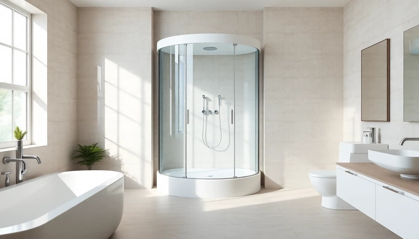 Duschkabine 90x90 in modernem Badezimmer mit eleganten Fliesen und sanfter Beleuchtung.