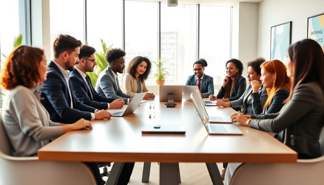 Collaborative team discussion featuring https://valuesfirst.com in a modern office.