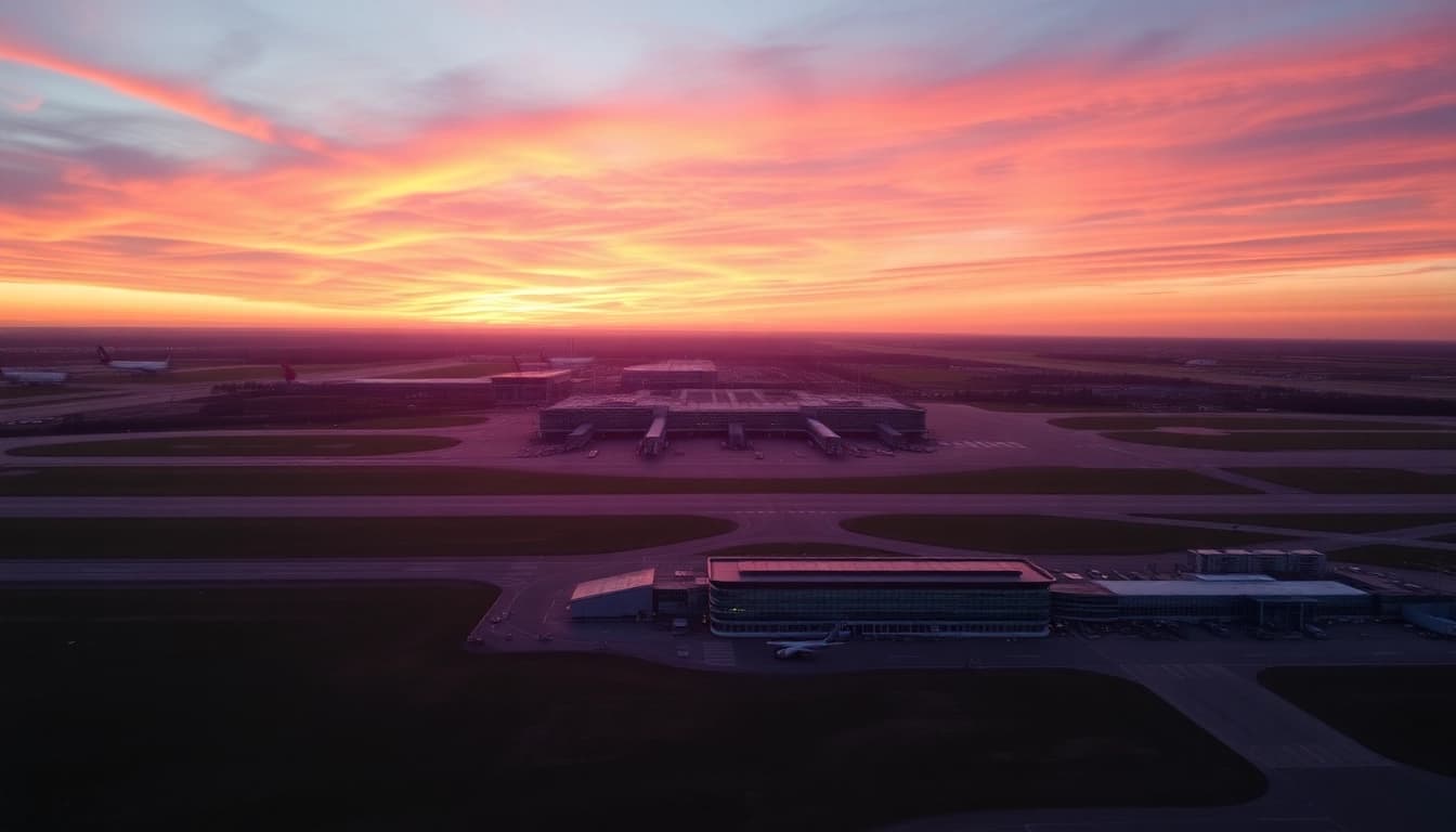 Explore the bustling Stansted Airport during sunset, highlighting its vibrant colors and busy atmosphere.